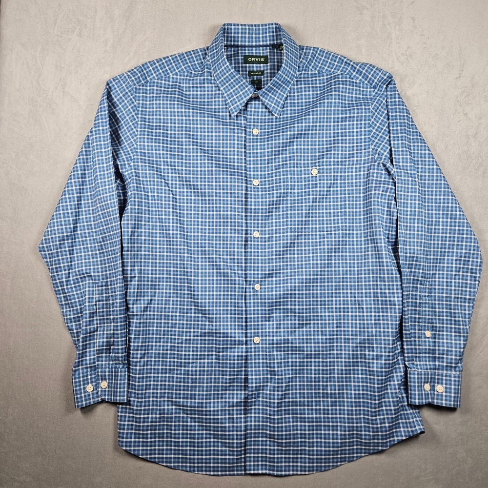 Orvis Button Down Shirt Mens XL Tall Blue Plaid Classic Fit Long Sleeve Pocket